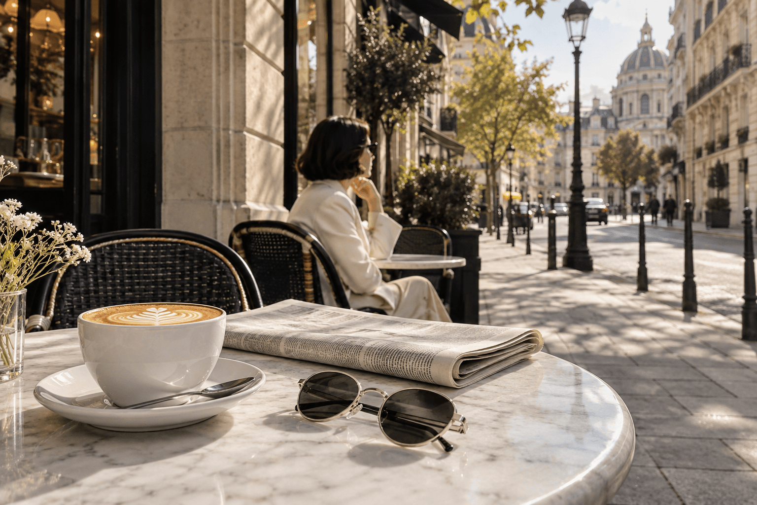 A cappuccino on a Paris café table in morning sunlight